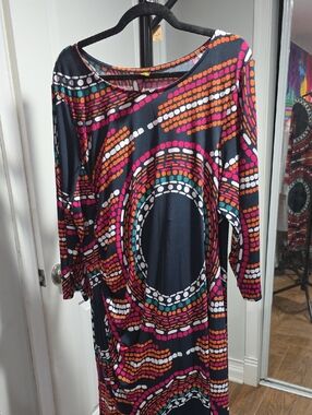 Black Multicolor Dot-Print Long Sleeve Dress